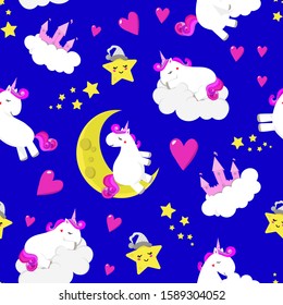 Seamless vector pattern with cute unicorns, clouds, castles, 
sleeping stars and heart. 
Perfect for fabric, wallpaper, wrapping paper or decor for a child’s room or clothing.