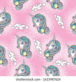 Seamless vector pattern with cute unicorns, stars and clouds