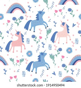 Seamless vector pattern with cute unicorns on floral background. Perfect for textile, wallpaper or print design.

