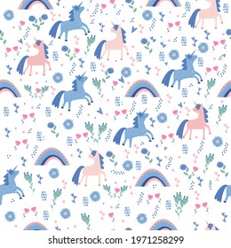 Seamless vector pattern with cute unicorns on floral background. Perfect for textile, wallpaper or print design.