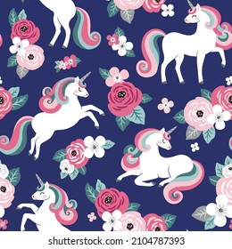 Seamless vector pattern with cute unicorns on vintage floral background. Perfect for textile, wallpaper or print design. 