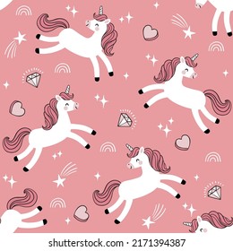 Seamless vector pattern with cute unicorns diamonds, hearts and rainbows. Perfect for textile, wallpaper or nursery print design. 