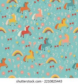 Seamless vector pattern with cute unicorns on floral background. Perfect for textile, wallpaper or print design.