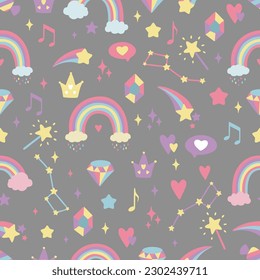 Seamless vector pattern with cute unicorns on a floral background. Ideal for textiles, wallpapers or prints.