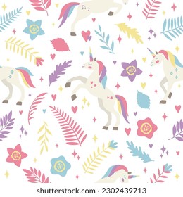 Seamless vector pattern with cute unicorns on a floral background. Ideal for textiles, wallpapers or prints.