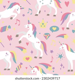 Seamless vector pattern with cute unicorns on a floral background. Ideal for textiles, wallpapers or prints.