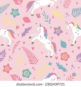 Seamless vector pattern with cute unicorns on a floral background. Ideal for textiles, wallpapers or prints.