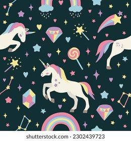 Seamless vector pattern with cute unicorns on a floral background. Ideal for textiles, wallpapers or prints.