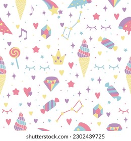 Seamless vector pattern with cute unicorns on a floral background. Ideal for textiles, wallpapers or prints.
