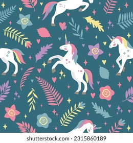 Patrón vectorial impecable con unicornios bonitos sobre un fondo floral. Ideal para textiles, papel pintado o huellas.