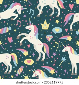 Seamless vector pattern with cute unicorns on a floral background. Ideal for textiles, wallpapers or prints.