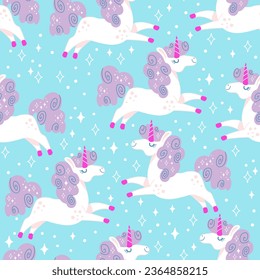 Seamless vector pattern with cute unicorns with purple main and sparks on a turquoise background. For textiles, wallpapers or prints, party, baby shower, design, decor, linen, dishes and apparel.