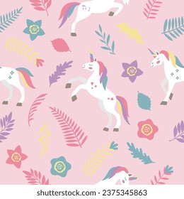 Seamless vector pattern with cute unicorns on a floral background. Ideal for textiles, wallpapers or prints.