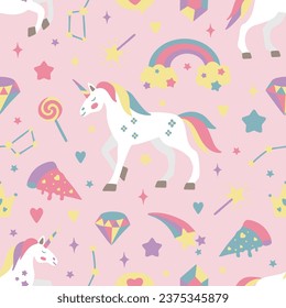 Seamless vector pattern with cute unicorns on a floral background. Ideal for textiles, wallpapers or prints.