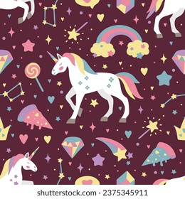 Seamless vector pattern with cute unicorns on a floral background. Ideal for textiles, wallpapers or prints.