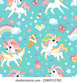 Seamless vector pattern with cute unicorns, rainbows and magic elements on a turquoise background. For textiles, wallpapers or prints, party, baby shower, design, decor, linen, dishes, apparel