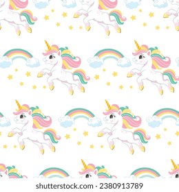 Seamless vector pattern with cute unicorns, rainbows and stars on a white background. For textiles, wallpapers or prints, party, baby shower, design, decor, linen, dishes, apparel