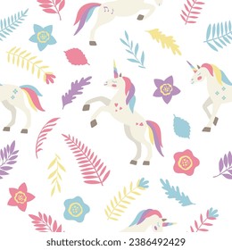 Seamless vector pattern with cute unicorns on a floral background. Ideal for textiles, wallpapers or prints.