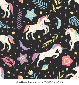 Seamless vector pattern with cute unicorns on a floral background. Ideal for textiles, wallpapers or prints.