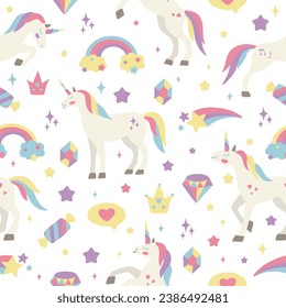 Seamless vector pattern with cute unicorns on a floral background. Ideal for textiles, wallpapers or prints.
