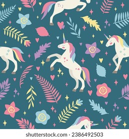 Seamless vector pattern with cute unicorns on a floral background. Ideal for textiles, wallpapers or prints.
