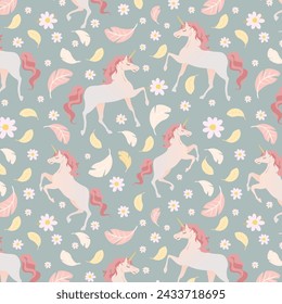 Seamless vector pattern with cute unicorns on floral background. Perfect for textile, wallpaper or print design.