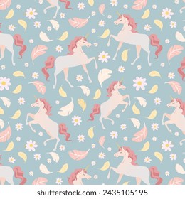 Seamless vector pattern with cute unicorns on floral background. Perfect for textile, wallpaper or print design.