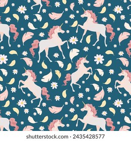 Seamless vector pattern with cute unicorns on floral background. Perfect for textile, wallpaper or print design.