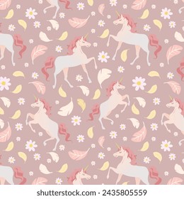 Seamless vector pattern with cute unicorns on floral background. Perfect for textile, wallpaper or print design.