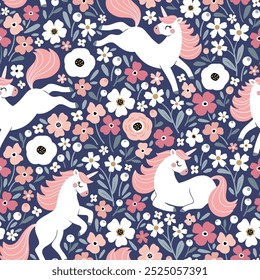 Seamless vector pattern with cute unicorns on floral background. Perfect for textile, wallpaper or print design. EPS 10 vector file. Perfect for textile, wallpaper or print design.