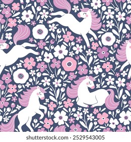 Seamless vector pattern with cute unicorns on floral background. Perfect for textile, wallpaper or print design. EPS 10 vector file. Perfect for textile, wallpaper or print design.