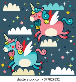 Seamless vector pattern with cute unicorns for children