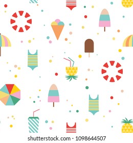 Seamless vector pattern with cute vacation elements and bubbles on white background 