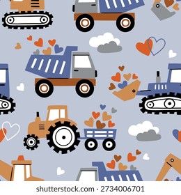 Seamless vector pattern with cute Valentine's Day construction trucks. Hand drawn design with tiny cars and hearts. Perfect for textile, wallpaper or nursery print design.