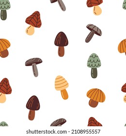 Seamless vector pattern with cute various mushrooms. Unusual fungi texture. Fun hand drawn background for packaging, wrapping paper, print, card, gift, fabric, textile, wallpaper.