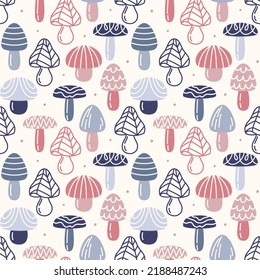 Seamless vector pattern with cute various mushrooms. Vintage pastel texture. Magic hand drawn background for packaging, wrapping paper, print, card, gift, fabric, textile, wallpaper, apparel.