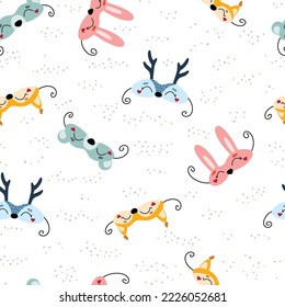 Seamless vector pattern with cute various New Year party costume masks. Kawaii hand drawn winter background for card, gift, fabric, print, textile, wrapping paper, wallpaper, packaging, apparel.