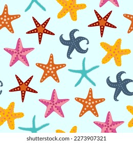 Seamless vector pattern with cute various starfishes. Vintage pastel texture. Summer hand drawn background for package,