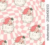 Seamless vector pattern with cute vintage Santa Claus. Hand drawn retro Christmas pattern. Checkered background. Perfect for textile, wallpaper or nursery print design. EPS10 vector file.