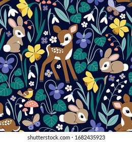 Seamless vector pattern with cute vintage deers and rabbits on spring floral background. Perfect for textile, wallpaper or print design. 