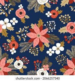 Seamless vector pattern with cute vintage Christmas flowers. Perfect for textile, wallpaper or print design. 