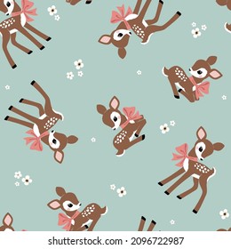 Seamless vector pattern with cute vintage fawn on floral background. Perfect for textile, wallpaper or print design. 