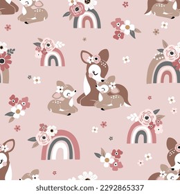 Seamless vector pattern with cute vintage deer, mom and baby fawn with rainbows and tiny flowers. Perfect for textile, wallpaper or nursery print design.