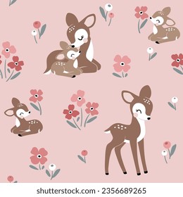 Seamless vector pattern with cute vintage fawn, mom and baby on floral background. Perfect for textile, wallpaper or nursery print design.