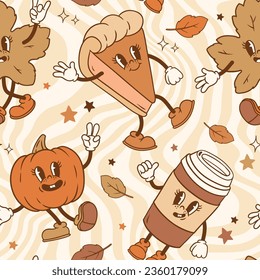 Seamless vector pattern with cute vintage characters. Autumn pumpkin, pie, coffee, leaves and stars. Perfect for textile, wallpaper or print design.