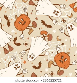 Patrón vectorial sin brillo con caracteres vintage bonitos. Calabaza otoñal, fantasma, araña, murciélago, luna de la tela y estrellas. Perfecto para el diseño textil, de papel pintado o de impresión.