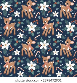 Seamless vector pattern with cute vintage Christmas fawn, poinsettia and berry. Perfect for textile, wallpaper or print design.