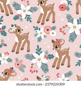 Seamless vector pattern with cute vintage Christmas fawn, poinsettia and berry. Perfect for textile, wallpaper or print design.