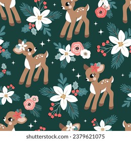 Seamless vector pattern with cute vintage Christmas fawn, poinsettia and berry. Perfect for textile, wallpaper or print design.