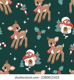 Seamless vector pattern with cute vintage Christmas fawn, poinsettia and berry. Perfect for textile, wallpaper or print design.